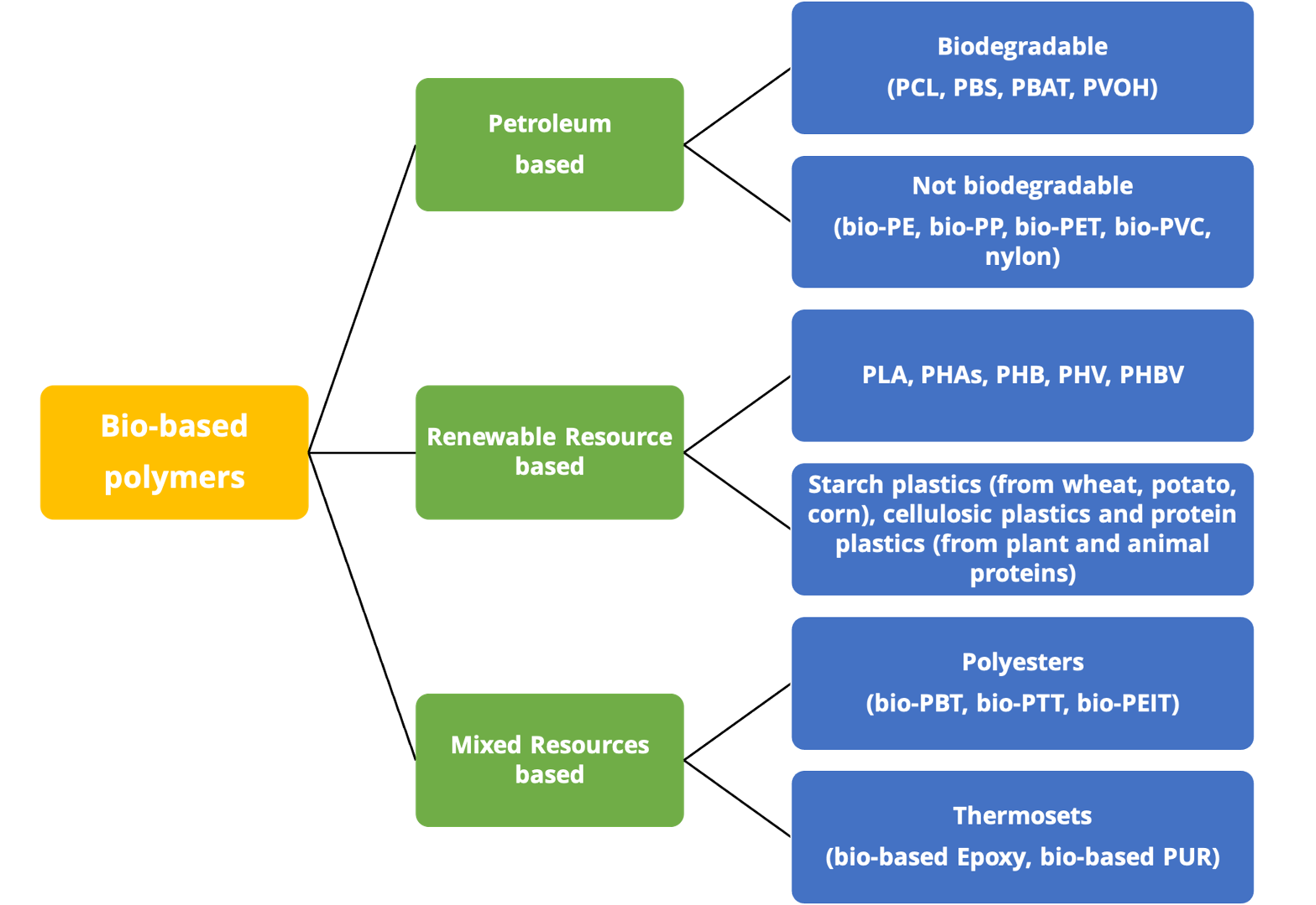 Bio-based polymers from biomass or petroleum-derived  map classification