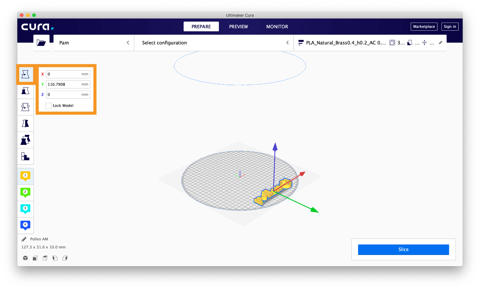 Move 3D file in the slicing software 3D printing 3D printer additive manufacturong Pollen AM Pam 3D printers Cura