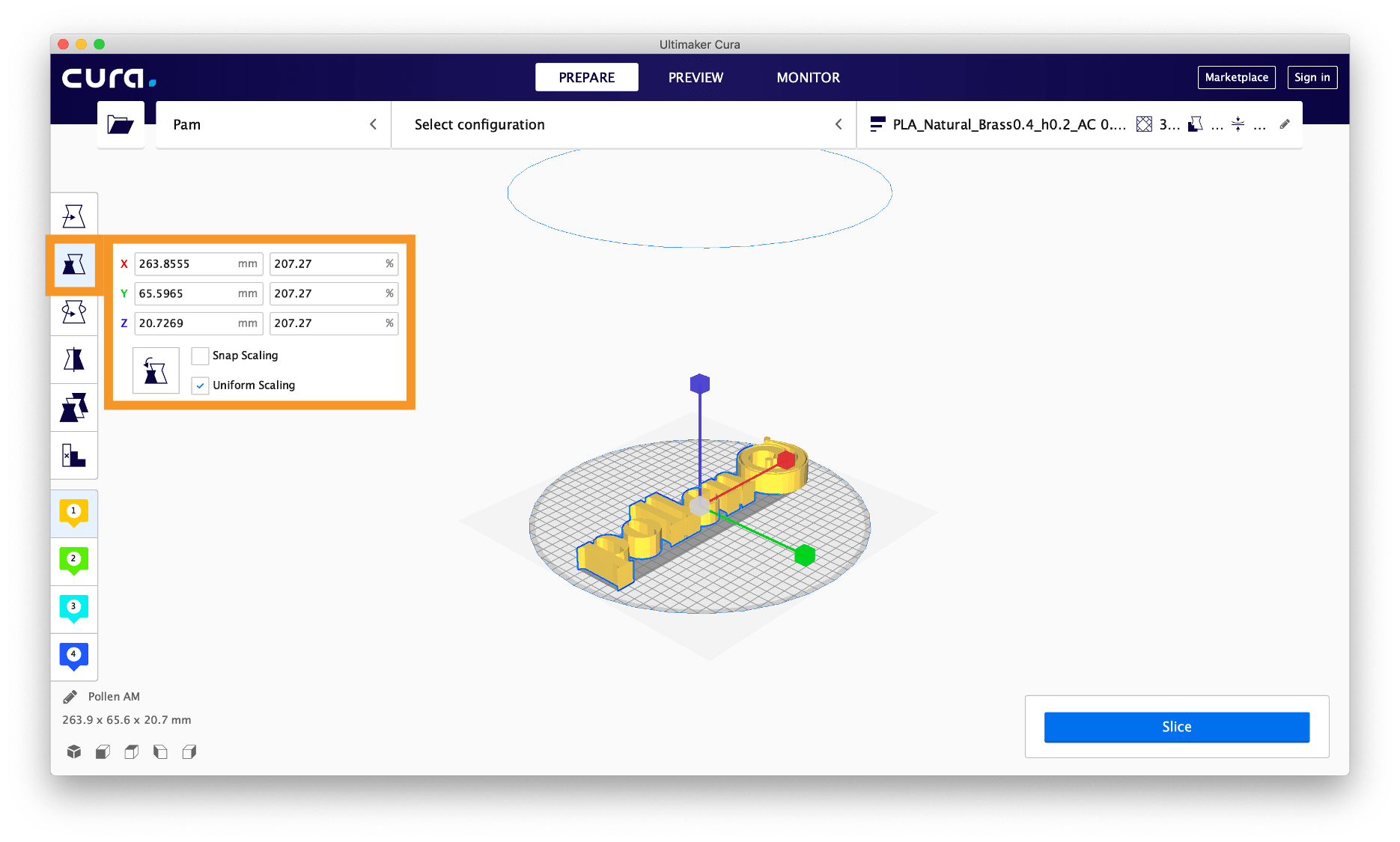 Scale 3D file in the slicing software 3D printing 3D printer additive manufacturong Pollen AM Pam 3D printers Cura