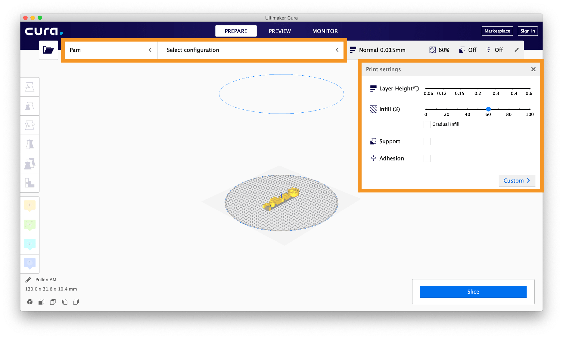 Outils panneau logiciel de découpe impression 3D imprimante 3D fabrication additive Pollen AM Pam imprimantes 3D Cura échelle rotation déplacement multiplication pièce