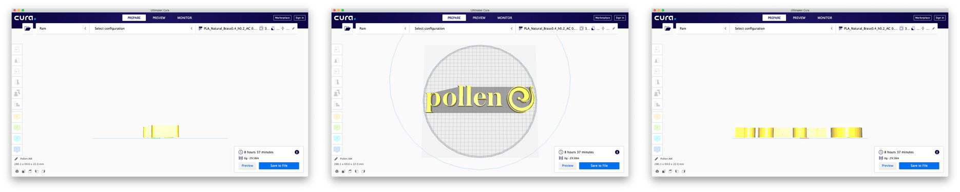 Move 3D file in the slicing software 3D printing 3D printer additive manufacturong Pollen AM Pam 3D printers Cura